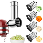 HOZODO stainless steel slicer shredder attachment mounted on a KitchenAid mixer for precise slices.