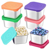 HTEVW 6-pack 6oz snack containers in stainless steel for durable kid-friendly snacks.