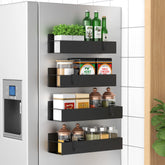 HuggieGems magnetic spice rack on fridge side keeps spices within easy reach.