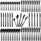 Hunnycook 60-piece black silverware set arranged on table for family dining and entertaining