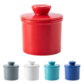 Husfunov Butter Crock red on countertop with water line keeps butter ready to spread.