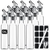 Hushee 12-piece clear glass dispenser set keeps oils organized on the kitchen shelf.