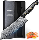 Huusk Damascus Kiritsuke knife edge close-up highlighting precision cutting