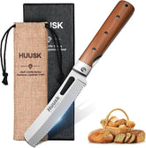 Huusk folding bread knife open shows precise, effortless slicing for crusty loaves