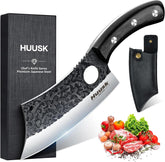 Huusk Japan meat cleaver with curved blade for smooth rocking cuts.