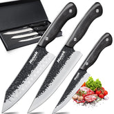 Huusk knife set blade close-up highlighting precision forged ATS-34 steel for sharp, durable cuts.