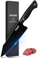 Huusk Kirisuke knife blade close-up with black coating for smooth slicing.