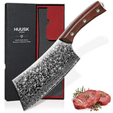Huusk meat cleaver knife with Damascus pattern blade for precise cuts