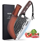 Huusk Upgraded Serbian Knife blade close-up shows razor edge for clean cuts