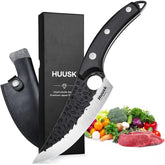 Huusk Viking Knife blade close-up shows ultra sharp edge for precise cuts.