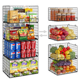 Huxitocan four-pack stackable wire baskets organize the pantry with clear visibility.