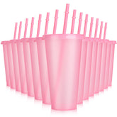 Hxezoc glitter cups in light pink with lids and straws for party-ready beverages.