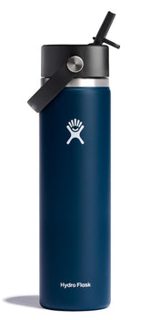 Hydro Flask 24oz Indigo Blue bottle with Flex Straw Cap, keeps beverages cold for hours.