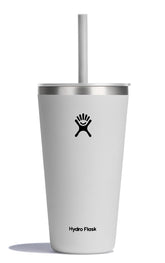 Hydro Flask 28 oz All Around Tumbler with straw lid in white, front view, cold-holding capability