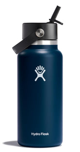 Hydro Flask 32 oz Indigo Blue wide-mouth bottle for ice cubes and on-the-go hydration.