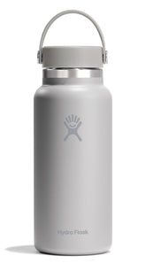 Hydro Flask 32oz Birch Gray bottle, front view keeps beverages cold or hot on the go.