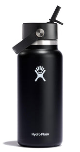 Hydro Flask 32oz wide-mouth bottle front view showing a sleek black finish for all-day hydration.