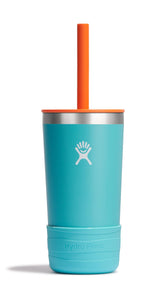 Hydro Flask Kids 12 oz tumbler with seaspray blue lid and straw for on-the-go hydration.