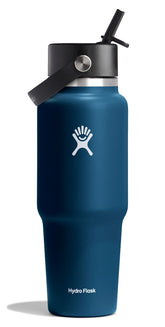 Hydro Flask travel bottle in indigo blue, 32 oz, cupholder-friendly for on-the-go sipping.