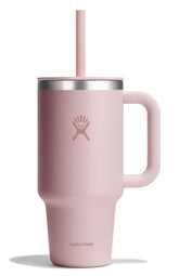 Hydro Flask Travel Tumbler 32oz with pink handle for easy portability.
