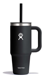 Hydro Flask travel tumbler with handle and straw in black for on-the-go hydration.