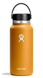 Hydro Flask 32 oz Fossil Brown side view with flexible handle for easy transport.