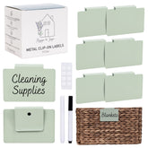 Hygge & Sage metal clip-on labels on a woven basket for tidy labeling.