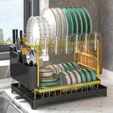 IBEDMAZIE gold two-tier dish drying rack with drainboard for organized counter space.
