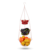 IBERG copper 3-tier hanging fruit basket, top view, showcasing space-saving design for produce and items