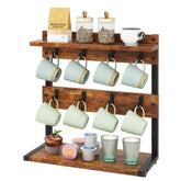IBUYKE rustic mug holder stand front view shows organized mugs on the kitchen counter
