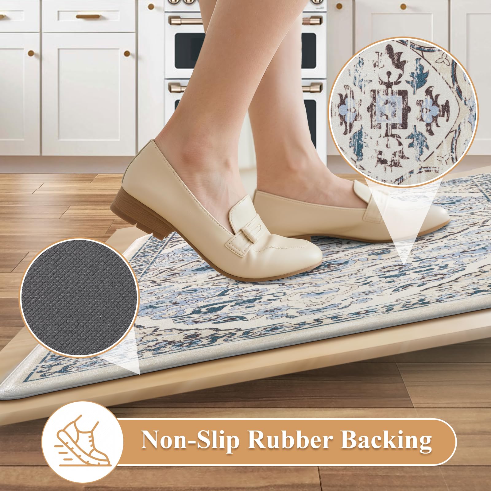 Ileading boho-style kitchen rug set elevates decor with vintage charm while you cook.