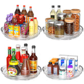 Incostar clear lazy Susan turntable on vanity for easy cosmetic access.