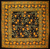 India Arts French Floral tablecloth in amber on black enhances elegant dining ambience