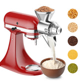 InnoMoon metal grain mill attachment mounted on a KitchenAid mixer for consistent flour grinding.