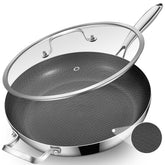 Inqibee 14.5-inch hybrid ceramic pan with lid, tri-ply for even heat.
