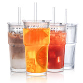 INSETLAN 20 oz ribbed glass tumbler with lid and straw for on-the-go beverages