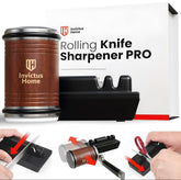 Invictus Home tumbler rolling knife sharpener kit shown in use on a kitchen counter for portable precision