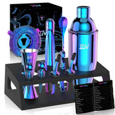 IOV mixology bartender kit on bamboo stand for organized home bar display.