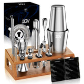IOV Mixology Bartender Kit on bamboo stand showcasing organized bar tools