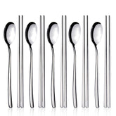 IQCWOOD spoons and chopsticks set in stainless steel, rust-resistant and durable for daily use.
