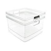 Isaac Jacobs square clear bin with cutout handles for easy transport and visibility.