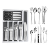Izurok 53-piece flatware set with drawer organizer enhances kitchen organization for meals.
