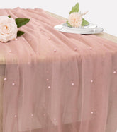 JALANCY pearl table runner in dusty pink on a banquet table for elegant decor