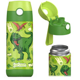Jarlson Kids water bottle dinosaur cap close-up, showcasing leak-proof design for school use.