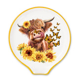 JarThenaAMCS Highland cow spoon rest with sunflower and butterfly watercolor design for tidy counters
