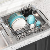 JASIWAY expandable over-sink dish drying rack saving counter space and improving workflow.