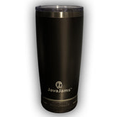 JavaJams 20 oz Bluetooth speaker tumbler on desk delivers audio while you sip.