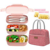 JBGOYON bento lunch box with 3 stackable pink containers for organized meals