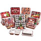 Jengaer Christmas foil pans with three compartments for organized leftovers.