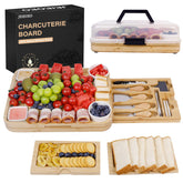 JFIEOEO charcuterie board with lid shows integrated storage and generous serving space.